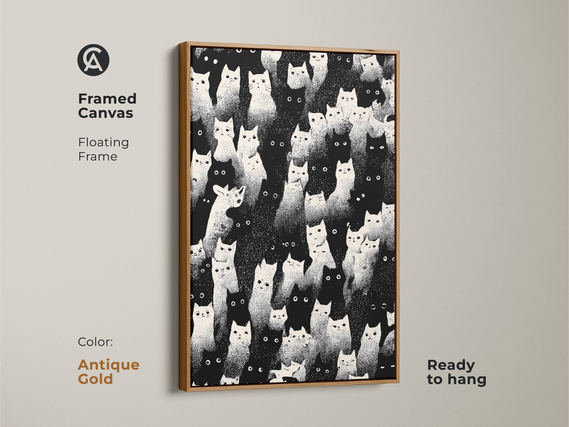 Framed canvas featuring a floating frame. Antique gold color complements the eclectic cat artwork. This minimalist animal art print is ready to hang. It makes a thoughtful gift for cat moms. The graphic black and white art adds a sophisticated touch to your home.