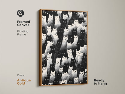 Framed canvas featuring a floating frame. Antique gold color complements the eclectic cat artwork. This minimalist animal art print is ready to hang. It makes a thoughtful gift for cat moms. The graphic black and white art adds a sophisticated touch to your home.