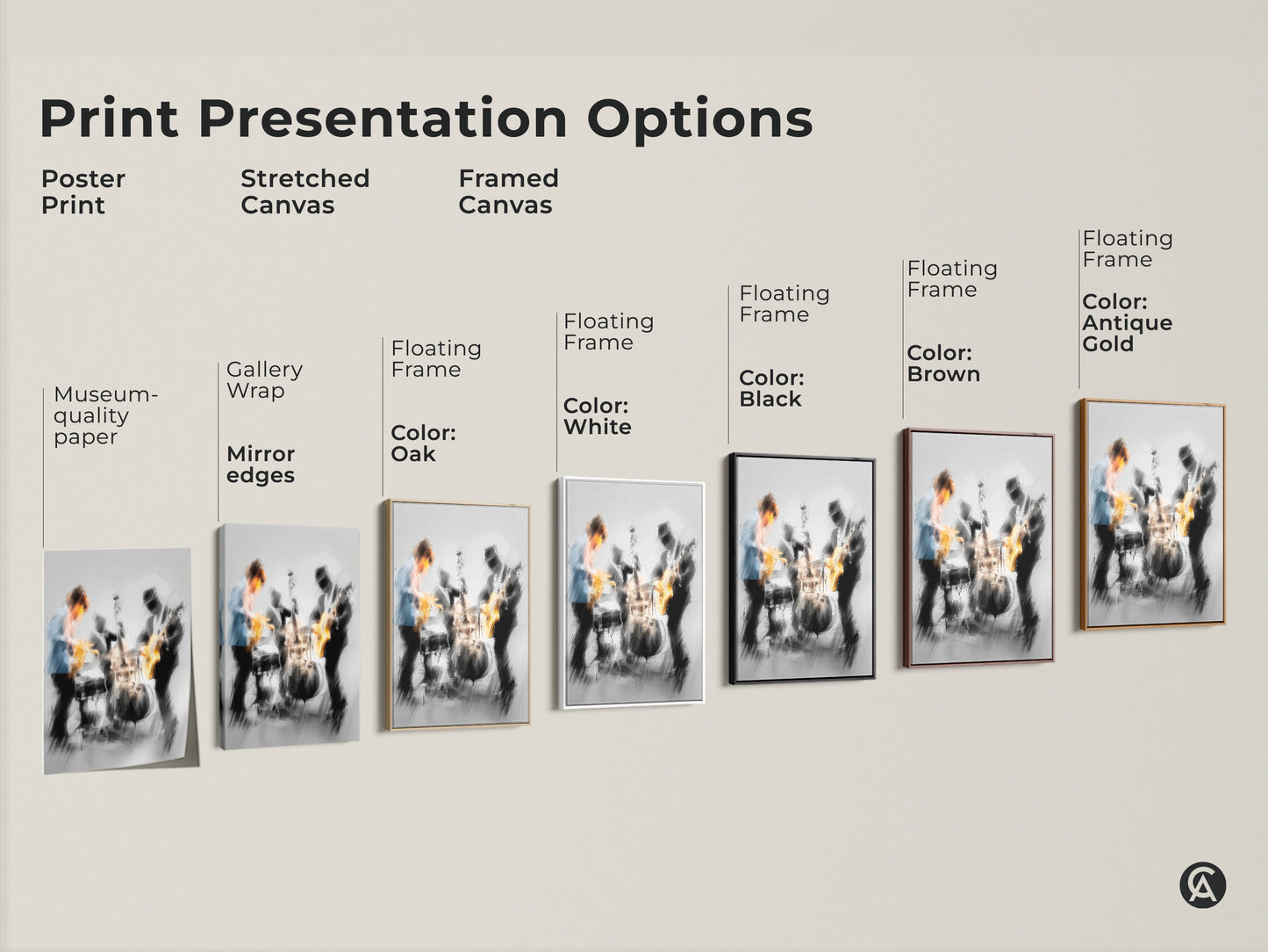 Explore print presentation options for jazz band artwork. Choose from poster prints stretched canvas and framed canvas. Various frame colors are available. Find the perfect print to match your style. High-quality museum paper with gallery wrap.