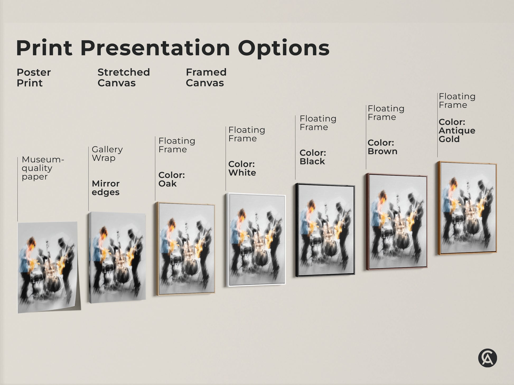 Explore print presentation options for jazz band artwork. Choose from poster prints stretched canvas and framed canvas. Various frame colors are available. Find the perfect print to match your style. High-quality museum paper with gallery wrap.