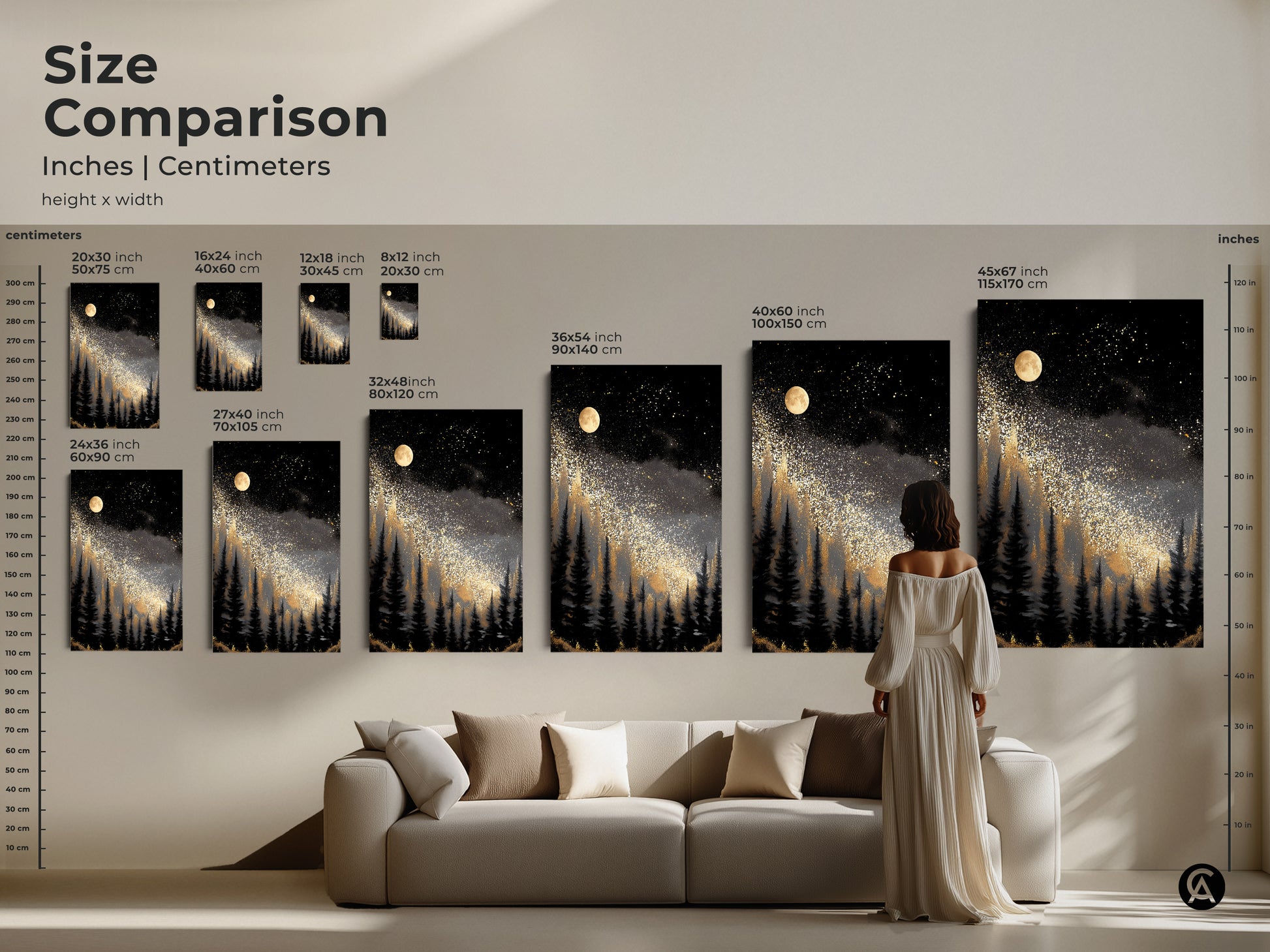 Compare sizes of abstract night sky artwork in inches and centimeters. Visualize how the canvas print fits above a sofa. Choose from various sizes to create a stunning wall decor display.