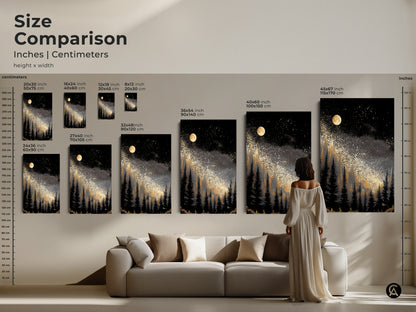 Compare sizes of abstract night sky artwork in inches and centimeters. Visualize how the canvas print fits above a sofa. Choose from various sizes to create a stunning wall decor display.