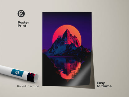 Poster print of a retro mountain sunset. The synthwave landscape art is easy to frame. Rolled in a tube for protection. It has vibrant neon purple and orange colors. Ideal for retro travel art lovers.