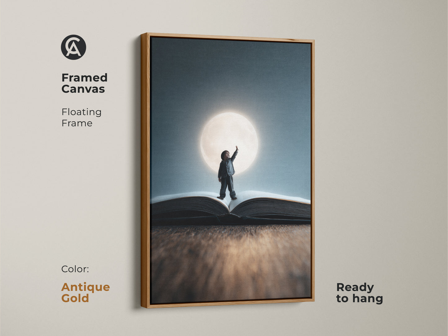 Framed canvas with a floating antique gold frame showing surreal children's art. A child reaches for the moon while standing on a book. This conceptual piece brings a dreamlike quality to any room.