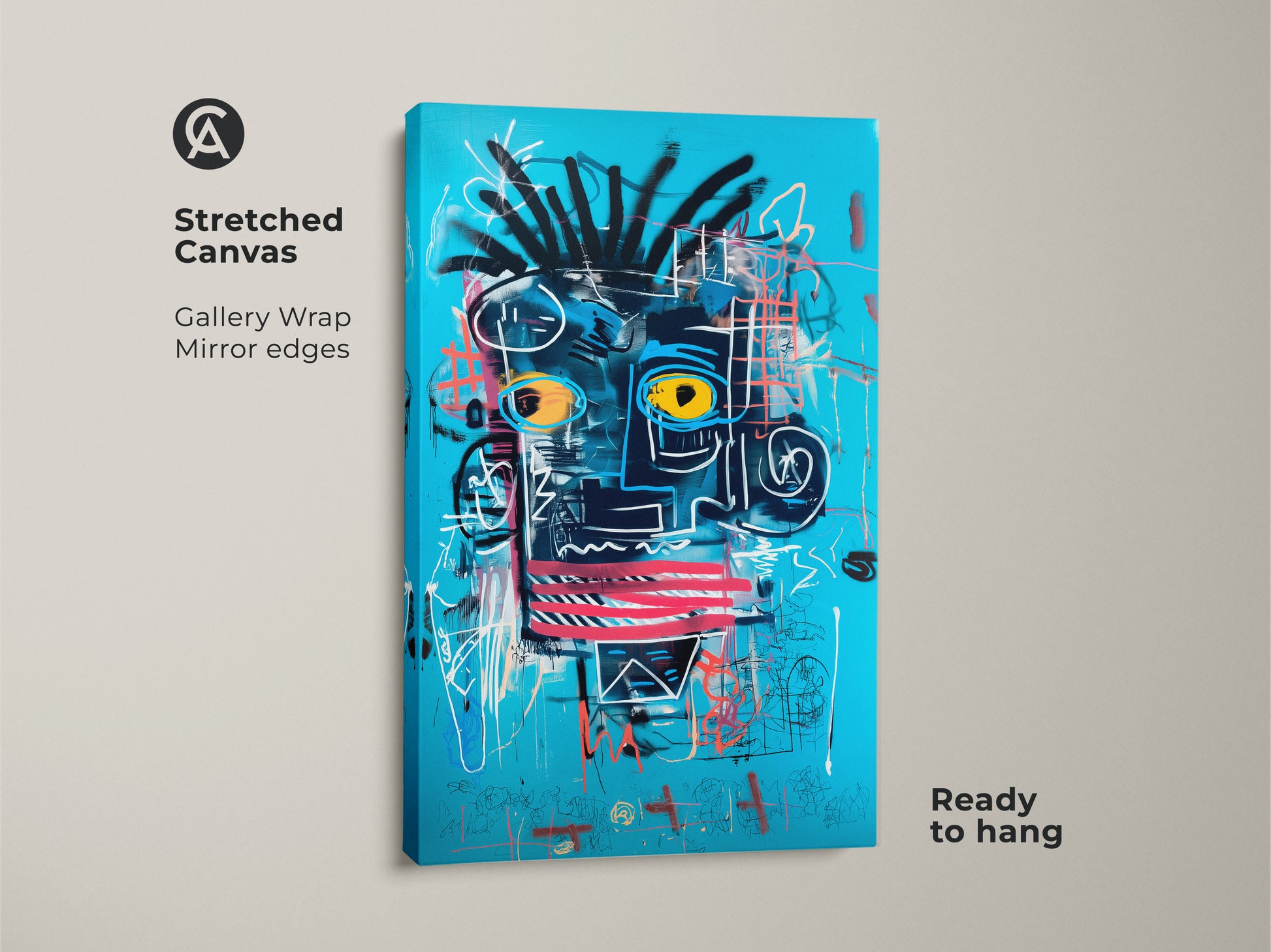 Brighten your home with this vibrant stretched canvas art. The abstract face is painted on a blue background. The gallery wrap and mirror edges create a sleek look. It is ready to hang and enjoy.