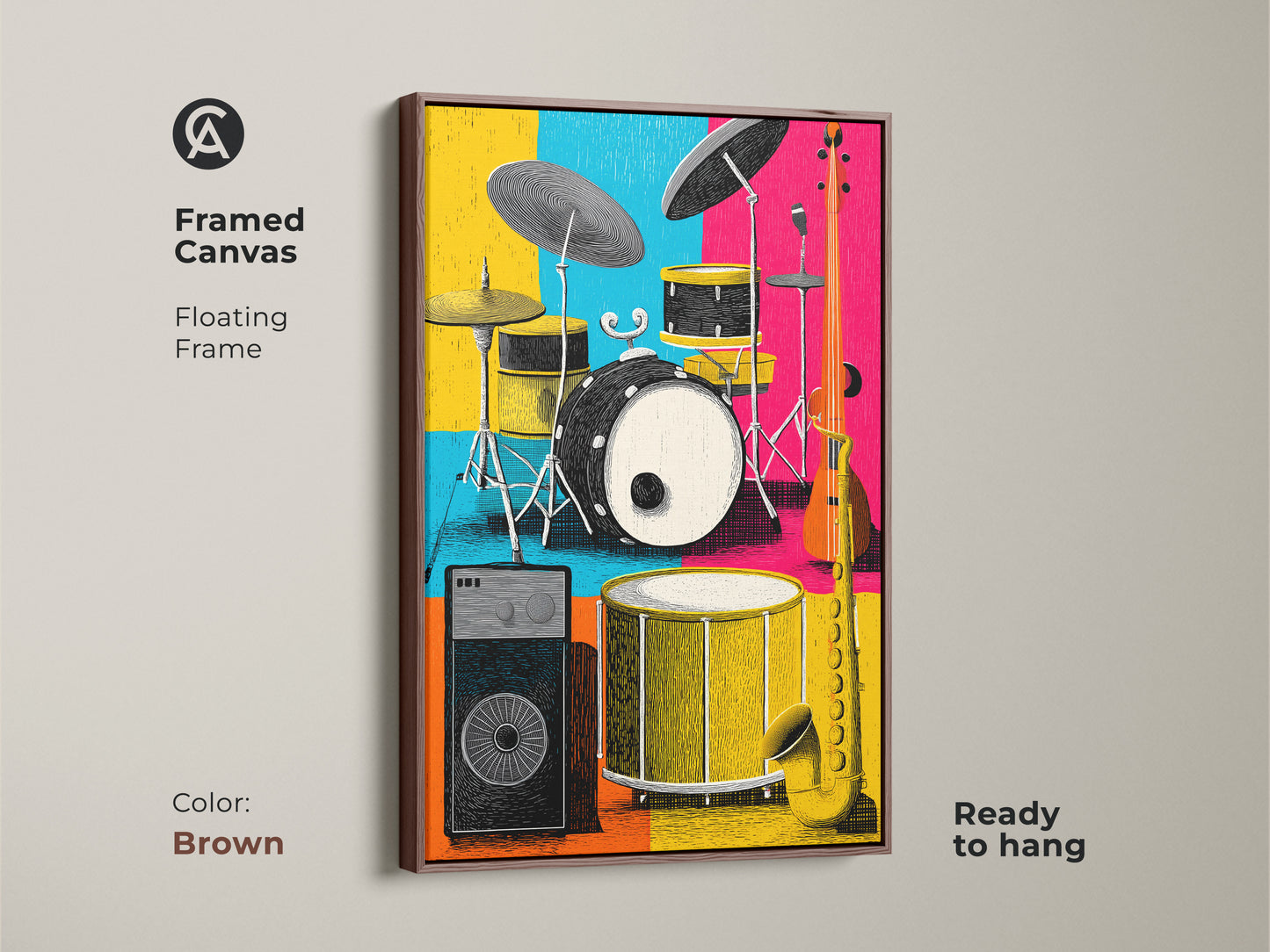 Framed canvas art showcases a vibrant music room featuring a drum set saxophone guitar and amp. The floating frame enhances the artwork. The brown frame adds warmth. This ready to hang piece brings a musical vibe to any room.