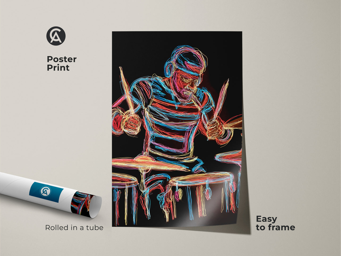 Poster Print of a Neon Drummer. This abstract line art captures the energy of a live performance. The contemporary artwork is easy to frame. Rolled in a tube this music themed gift will make any music lover happy.