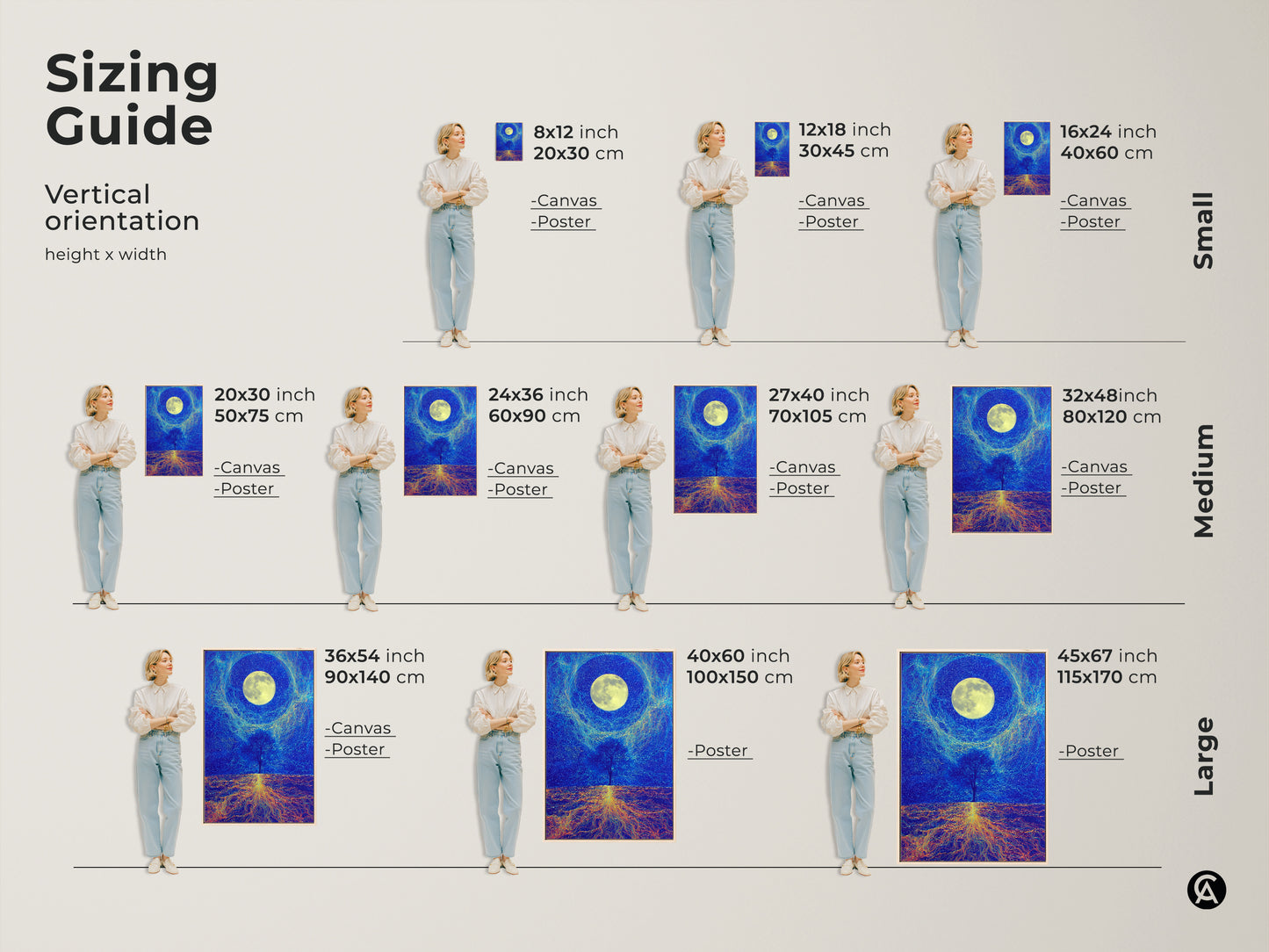 Sizing guide for the deep blue cosmic tree art. It features canvas and poster options in small medium and large sizes. Visualize how the surreal moon landscape will fit in your space. Perfect for adding a celestial touch to any room and decor.