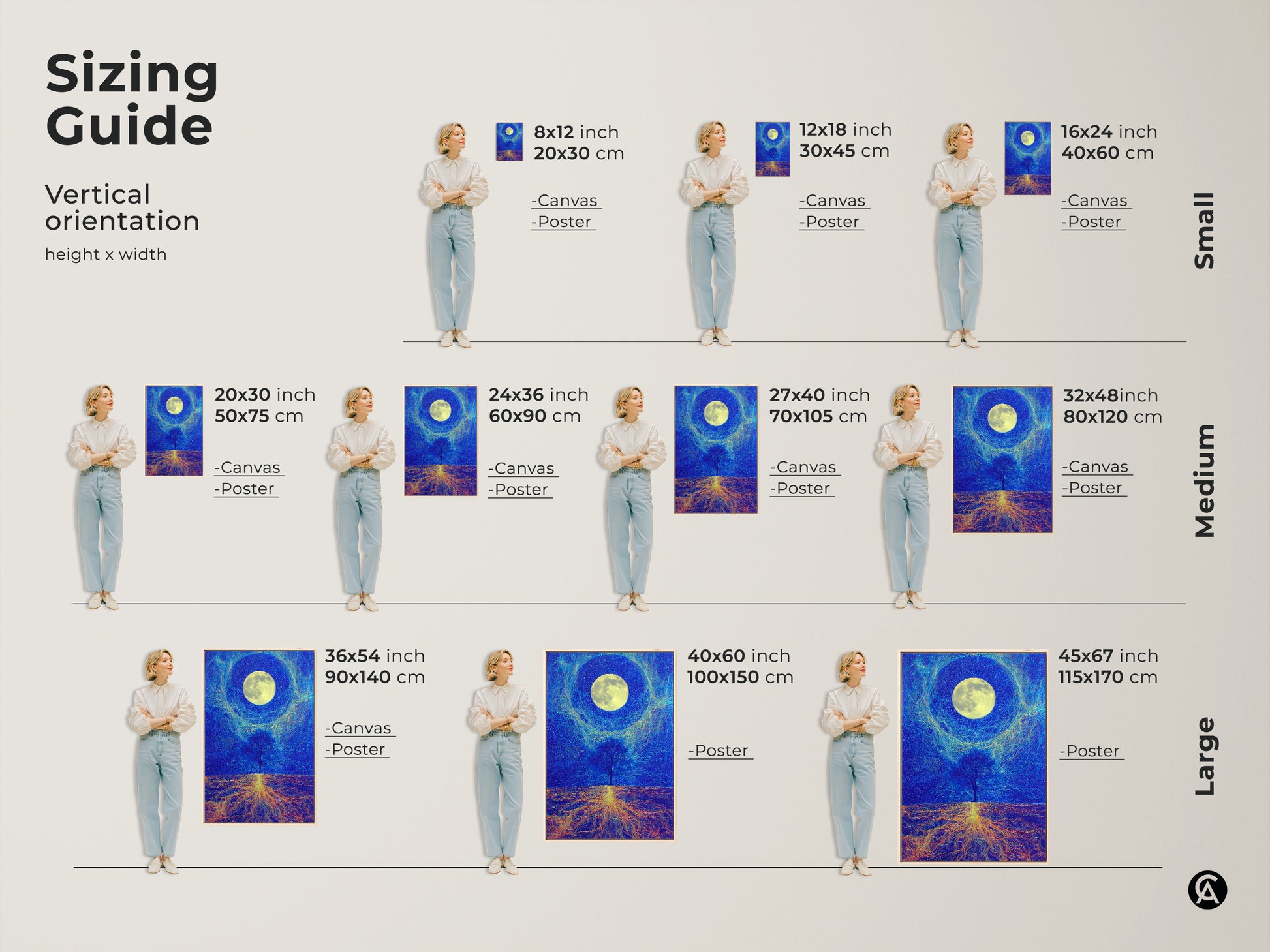 Sizing guide for the deep blue cosmic tree art. It features canvas and poster options in small medium and large sizes. Visualize how the surreal moon landscape will fit in your space. Perfect for adding a celestial touch to any room and decor.