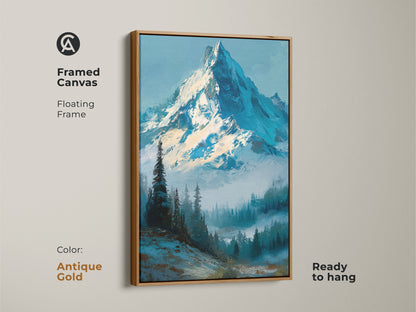 Framed canvas featuring a snow-capped mountain in an antique gold floating frame. Ready to hang and adds a touch of elegance to any room. This mountain artwork brings a serene landscape indoors. Shop framed mountain landscape art for sophisticated wall decor.