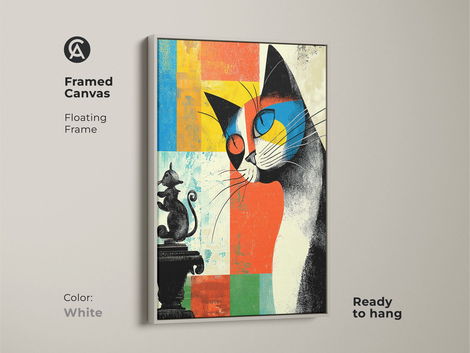 Framed canvas with a floating frame showing an abstract cat artwork. The white frame offers a clean modern look. Ready to hang. A unique animal print that complements any decor. Ideal for cat lovers.