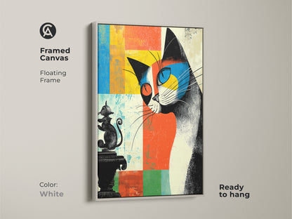 Framed canvas with a floating frame showing an abstract cat artwork. The white frame offers a clean modern look. Ready to hang. A unique animal print that complements any decor. Ideal for cat lovers.