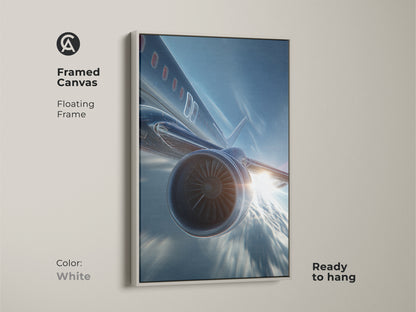 Framed canvas featuring a futuristic jet engine against a blue sky. This aviation artwork is ready to hang with a floating white frame. The modern airplane wall art is ideal for office wall decor. The sleek metallic artwork adds a contemporary touch to any space.