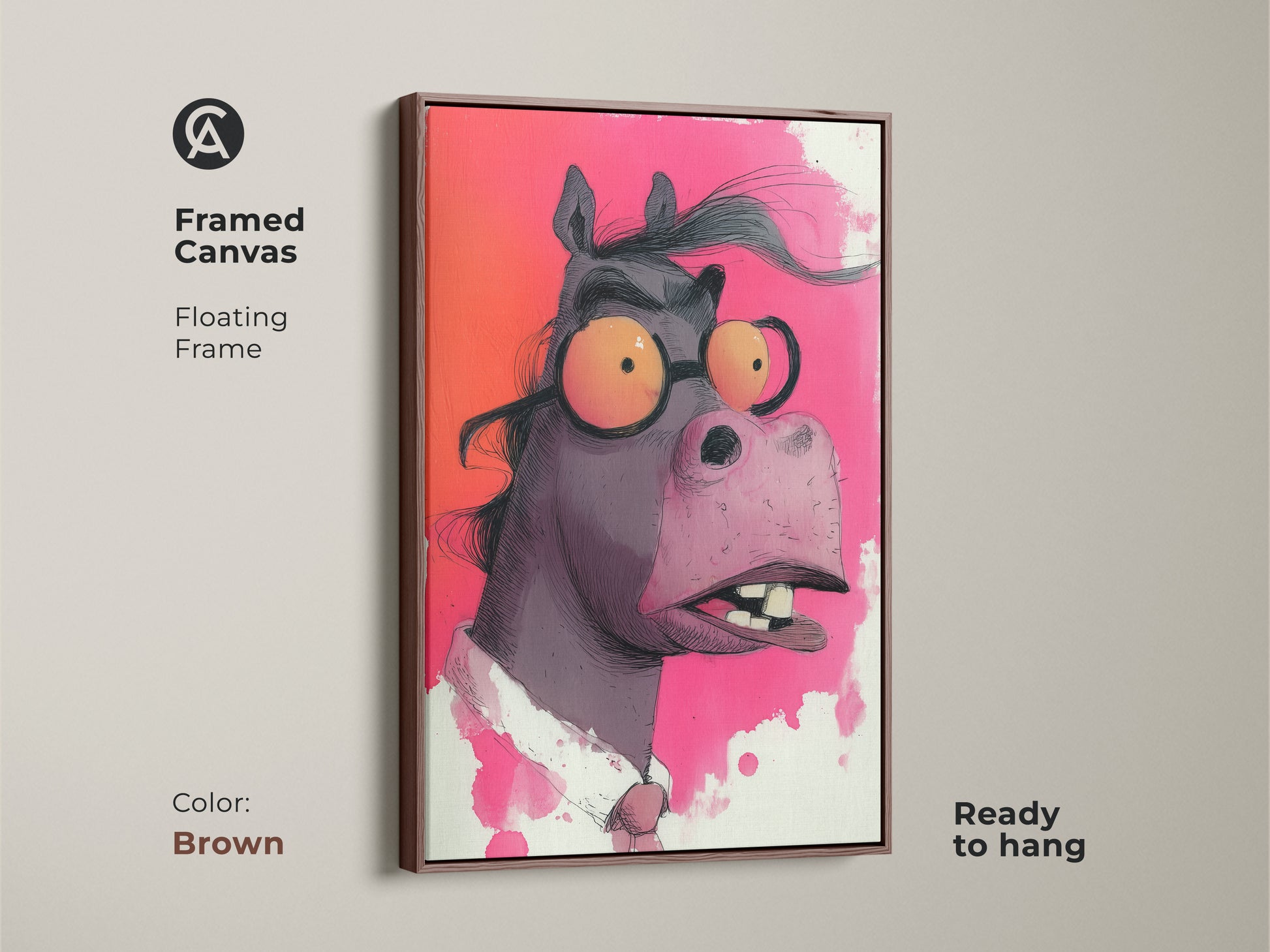 Framed canvas with a floating brown frame. It features a cartoon horse with glasses. Fuchsia and orange animal wall art is ideal for eclectic home decor. Ready to hang perfect quirky gift.