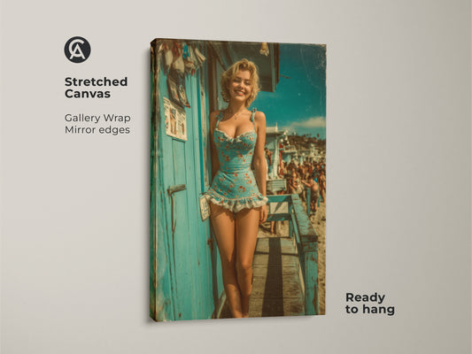 Retro pin-up girl art on stretched canvas. Gallery wrap with mirror edges enhances the vintage beach woman art print. Ready to hang this lifeguard stand wall decor adds aqua teal to any eclectic bedroom. Perfect as a summer gift.