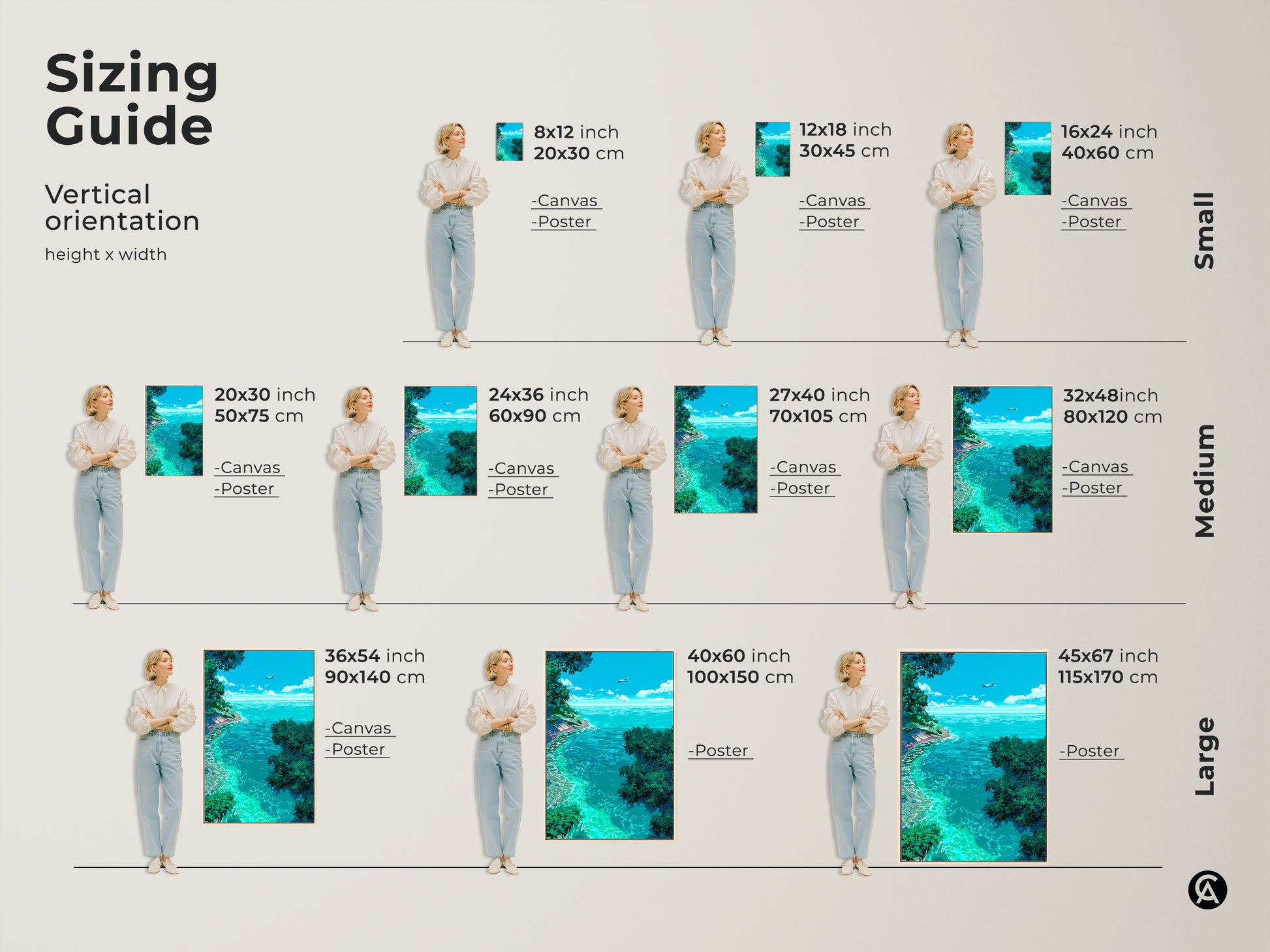 Sizing guide for vertical pixel art prints of a tropical ocean view. Visualize the artwork in various sizes from small to large. Ideal for canvas and poster formats to fit different wall spaces. Perfect beach themed art.