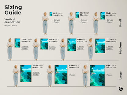Sizing guide for vertical pixel art prints of a tropical ocean view. Visualize the artwork in various sizes from small to large. Ideal for canvas and poster formats to fit different wall spaces. Perfect beach themed art.