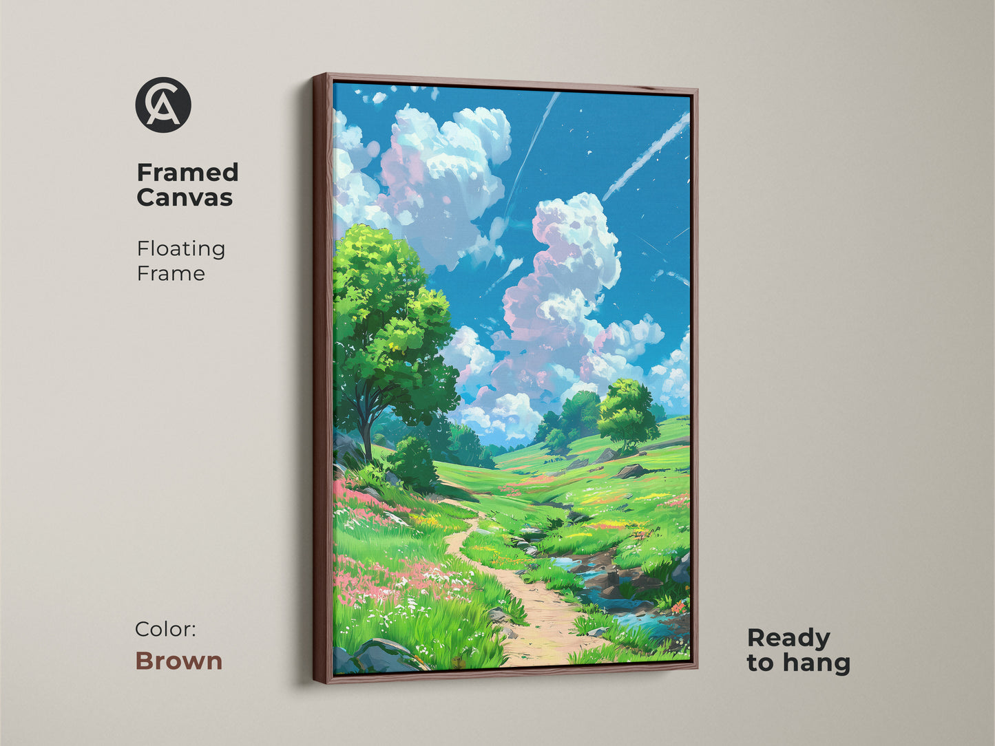 Framed canvas art displaying a scenic landscape painting with a floating brown frame. The rich colors and detailed artwork create a captivating nature scene. This ready to hang artwork adds a touch of warmth to any room.