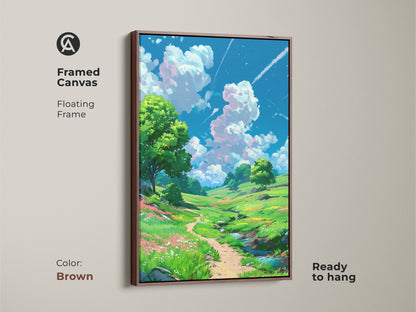 Framed canvas art displaying a scenic landscape painting with a floating brown frame. The rich colors and detailed artwork create a captivating nature scene. This ready to hang artwork adds a touch of warmth to any room.