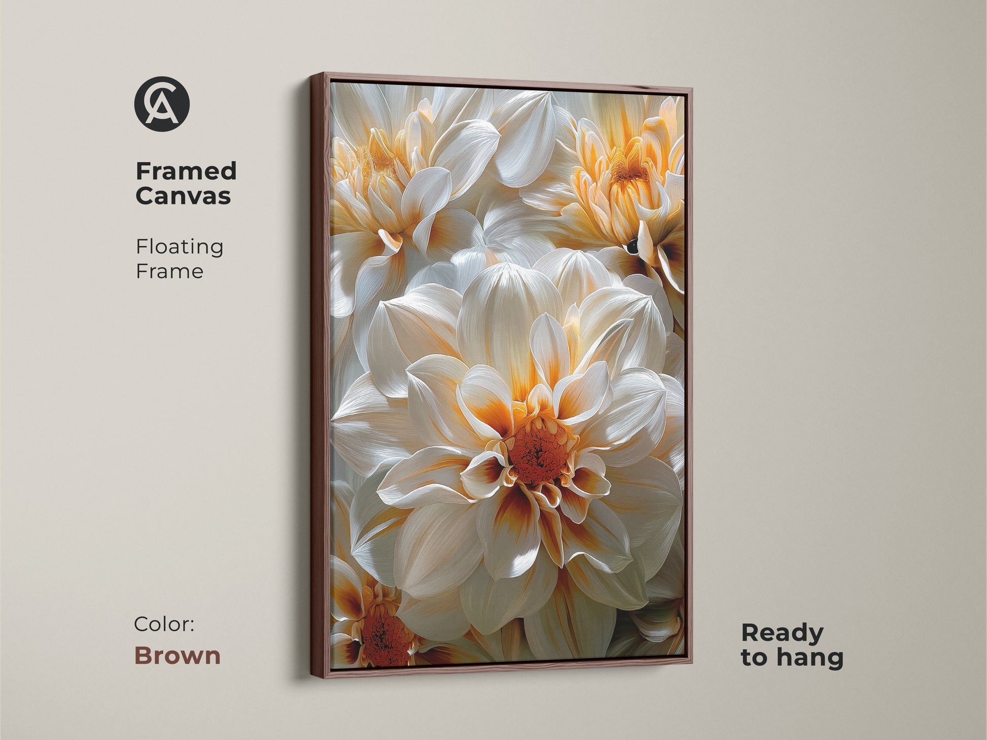 Brown framed canvas showcasing a vibrant dahlia flower artwork. This ready-to-hang floral art adds warmth to any room. The brown floating frame complements the flower canvas. Perfect for creating a cozy atmosphere.