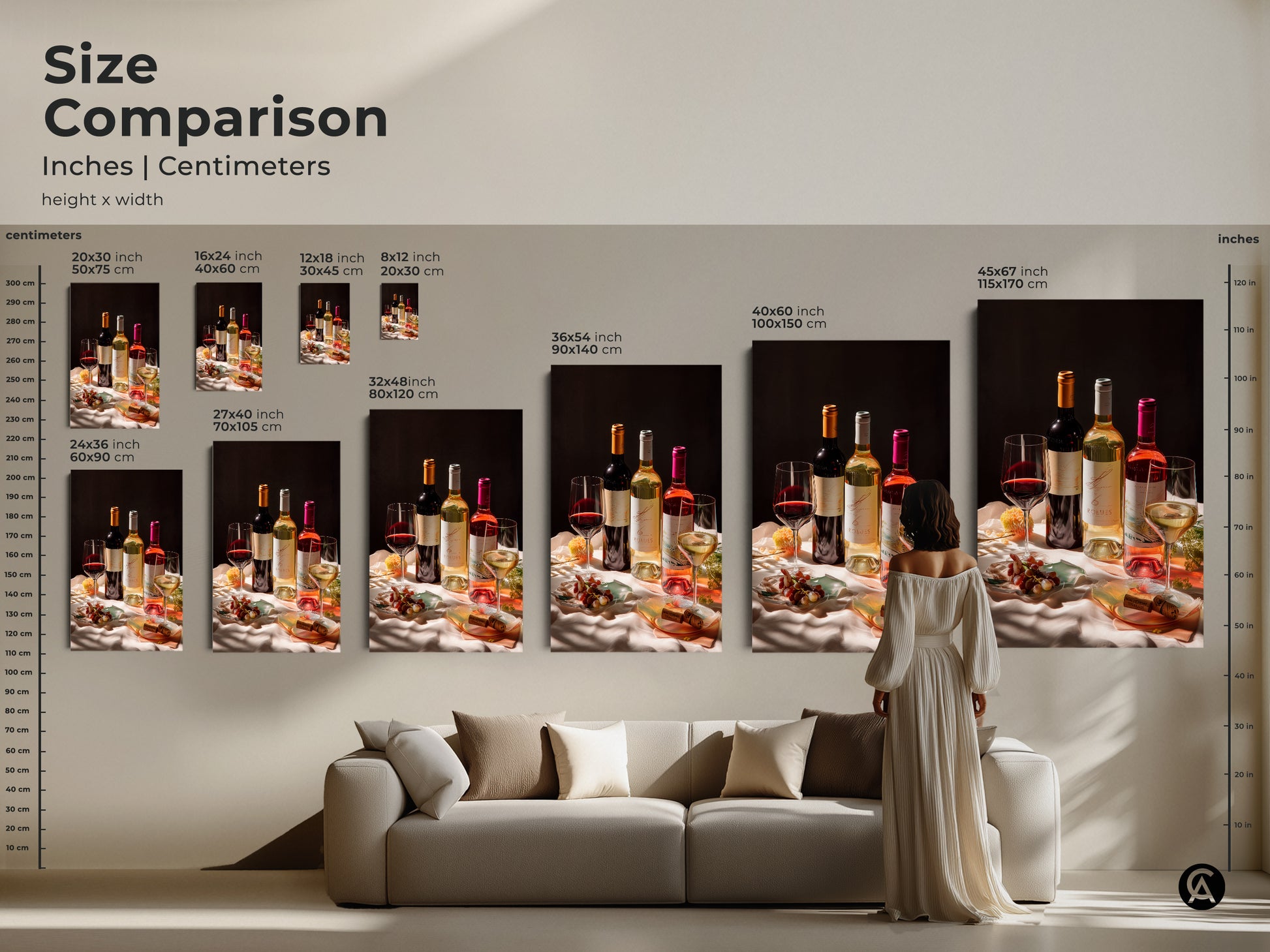 Size comparison of wine still life art. Photorealistic bottles and glasses displayed in various sizes. From small to large. See how it enhances a living space above a couch. Available as canvas or poster prints. Find the perfect fit for your dining room or home bar decor.