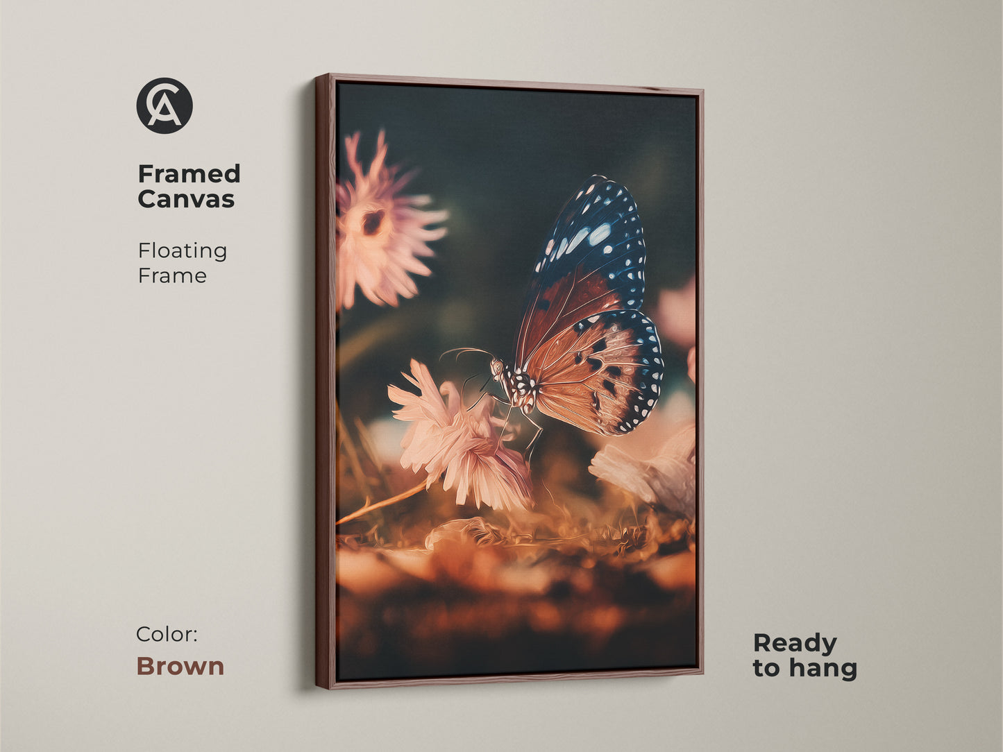 Brown framed canvas of a butterfly and flower. See the macro floral artwork of a butterfly on a peach flower. This teal nature art is ready to hang. A fine art print for your home.
