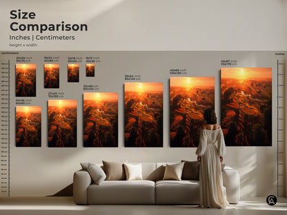 Size comparison of golf course artwork. See the art in various sizes from 8x12 to 45x67 inches. Visualize how each size looks in a living room setting. Available as canvas or poster.