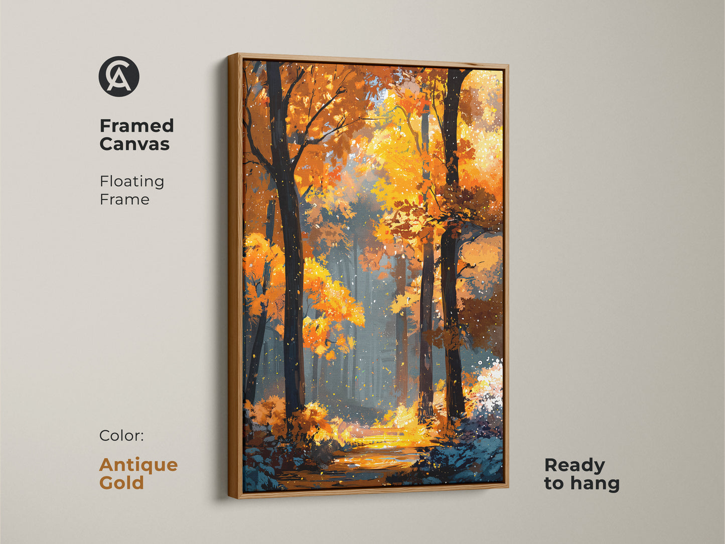 Framed canvas with a floating frame in antique gold. It shows a stunning autumn forest artwork. The ready-to-display art provides a touch of elegance. It will complement any room's aesthetic.