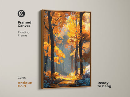 Framed canvas with a floating frame in antique gold. It shows a stunning autumn forest artwork. The ready-to-display art provides a touch of elegance. It will complement any room's aesthetic.