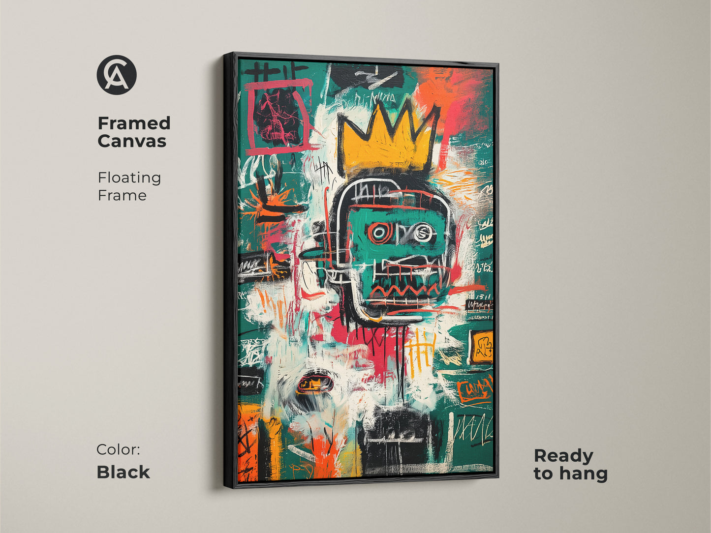Black framed canvas featuring Basquiat-inspired artwork. The floating frame enhances the abstract portrait with a crown. This ready-to-hang piece adds a sophisticated touch to any space. A modern art statement