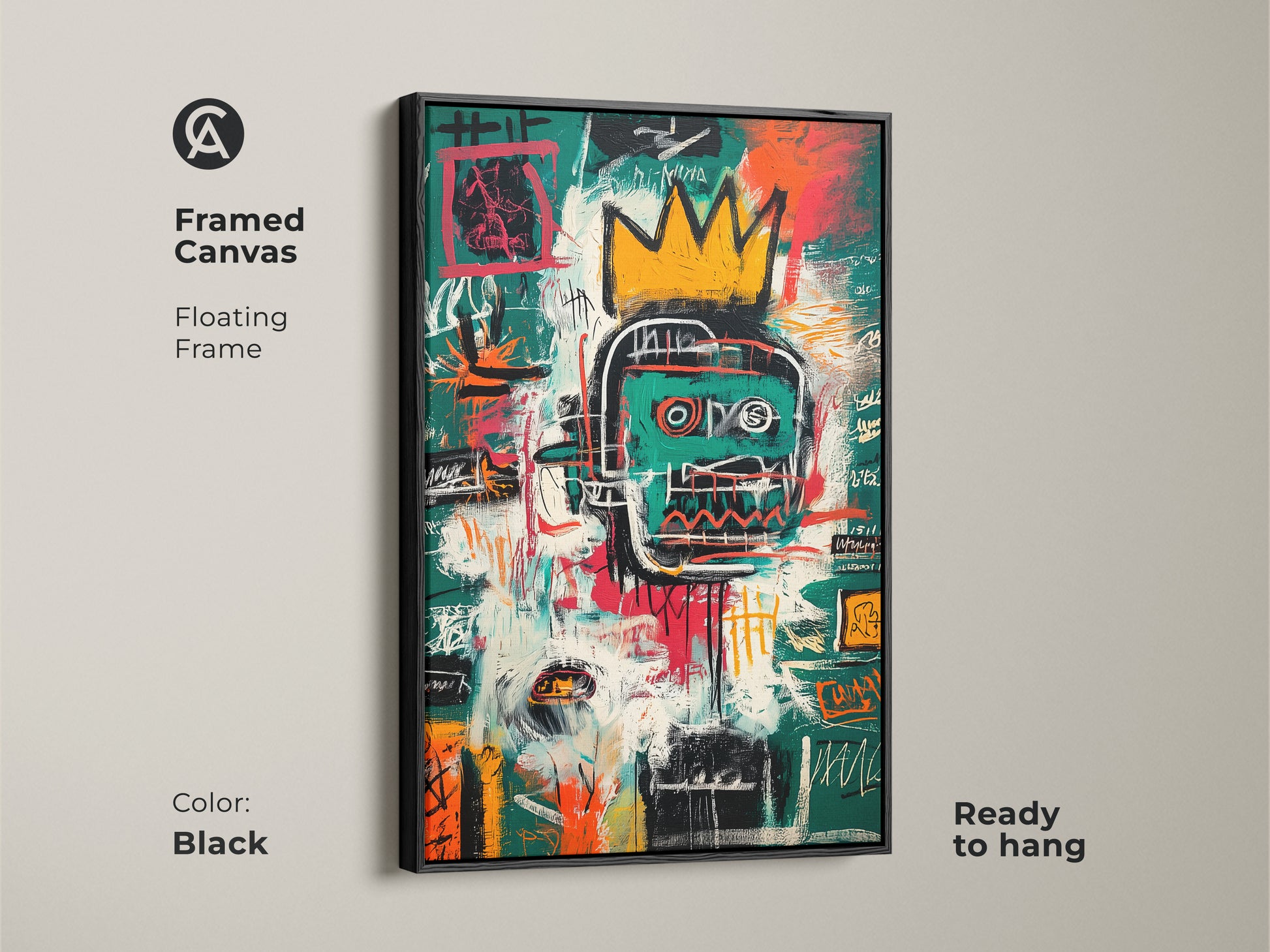 Black framed canvas featuring Basquiat-inspired artwork. The floating frame enhances the abstract portrait with a crown. This ready-to-hang piece adds a sophisticated touch to any space. A modern art statement