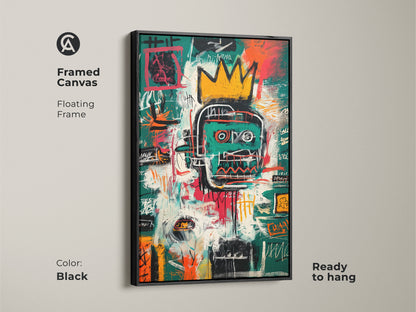 Black framed canvas featuring Basquiat-inspired artwork. The floating frame enhances the abstract portrait with a crown. This ready-to-hang piece adds a sophisticated touch to any space. A modern art statement