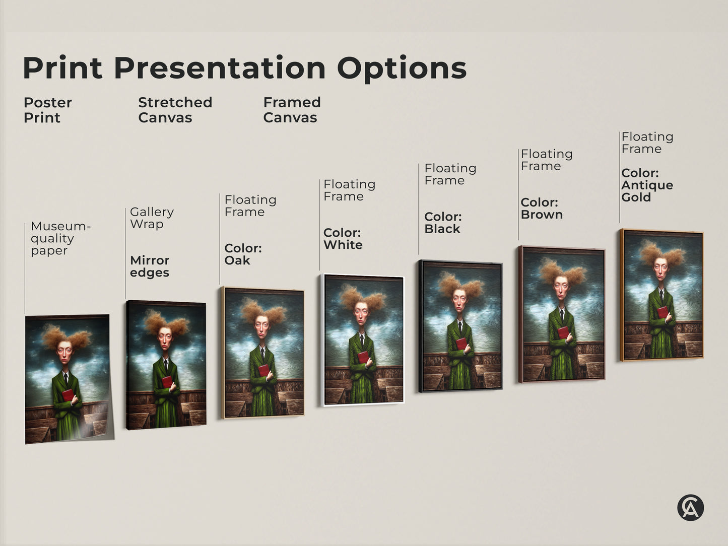 This image showcases print presentation options. Poster prints stretched canvas and framed canvas options are shown. The artwork features a surreal woman in a green suit holding a red book. Floating frames are available in oak black brown and antique gold. Find the perfect style for your decor.
