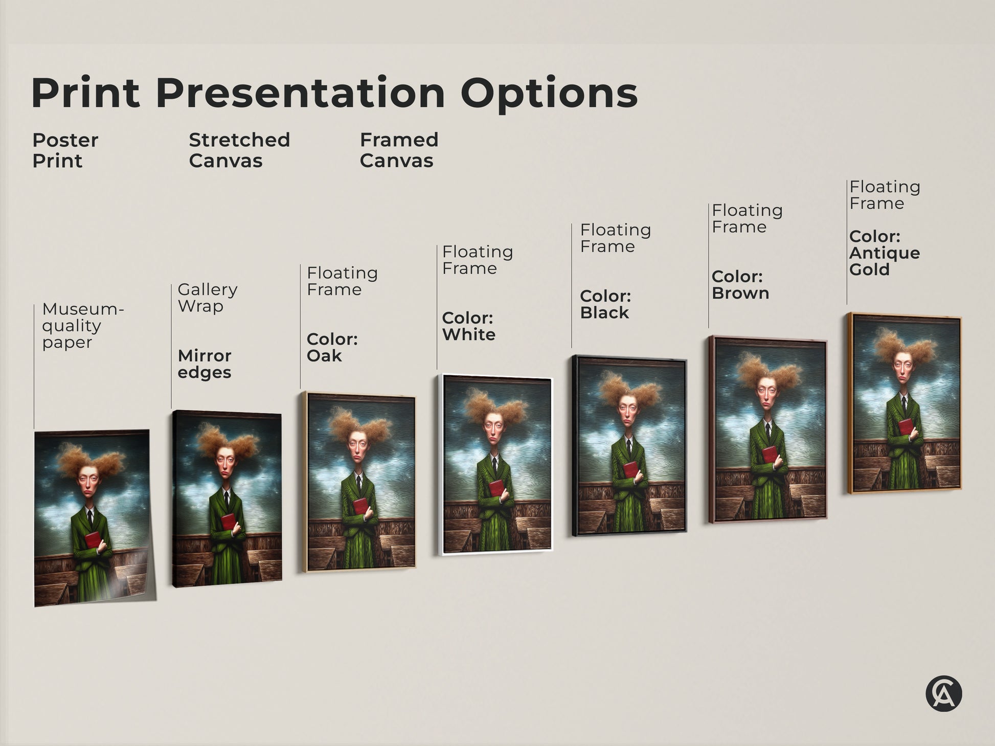 This image showcases print presentation options. Poster prints stretched canvas and framed canvas options are shown. The artwork features a surreal woman in a green suit holding a red book. Floating frames are available in oak black brown and antique gold. Find the perfect style for your decor.