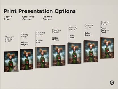 This image showcases print presentation options. Poster prints stretched canvas and framed canvas options are shown. The artwork features a surreal woman in a green suit holding a red book. Floating frames are available in oak black brown and antique gold. Find the perfect style for your decor.