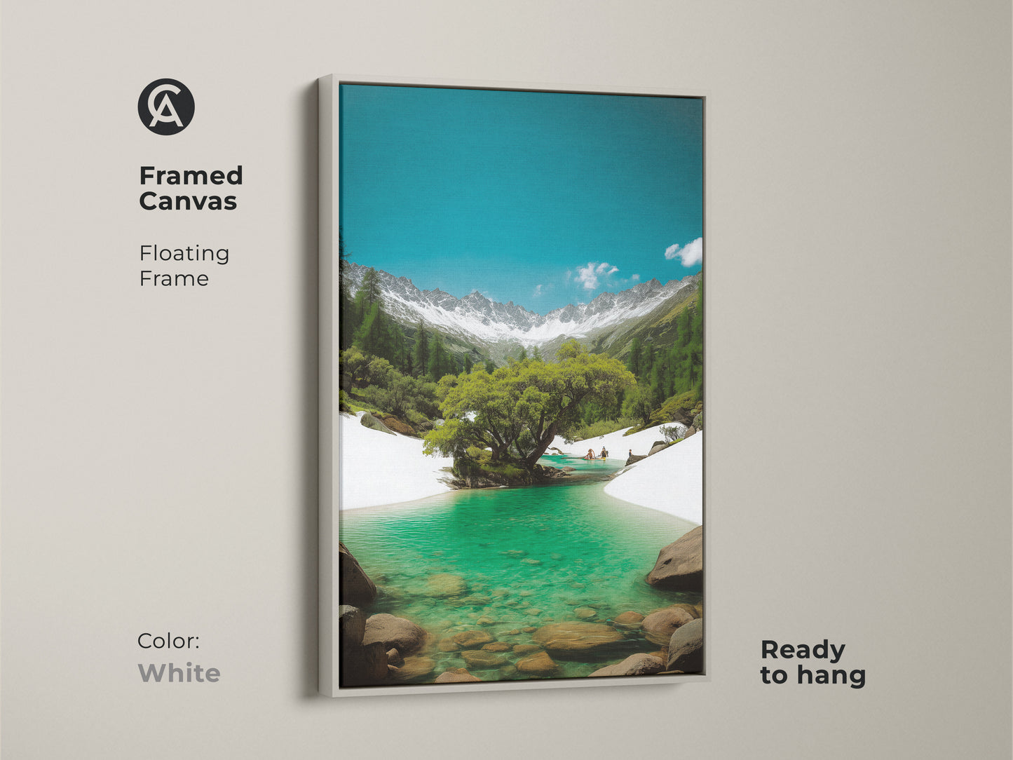This framed canvas print shows a turquoise lake and snowy mountains. A white floating frame offers a clean modern look. Ready to hang this realistic nature artwork. Perfect for any room.