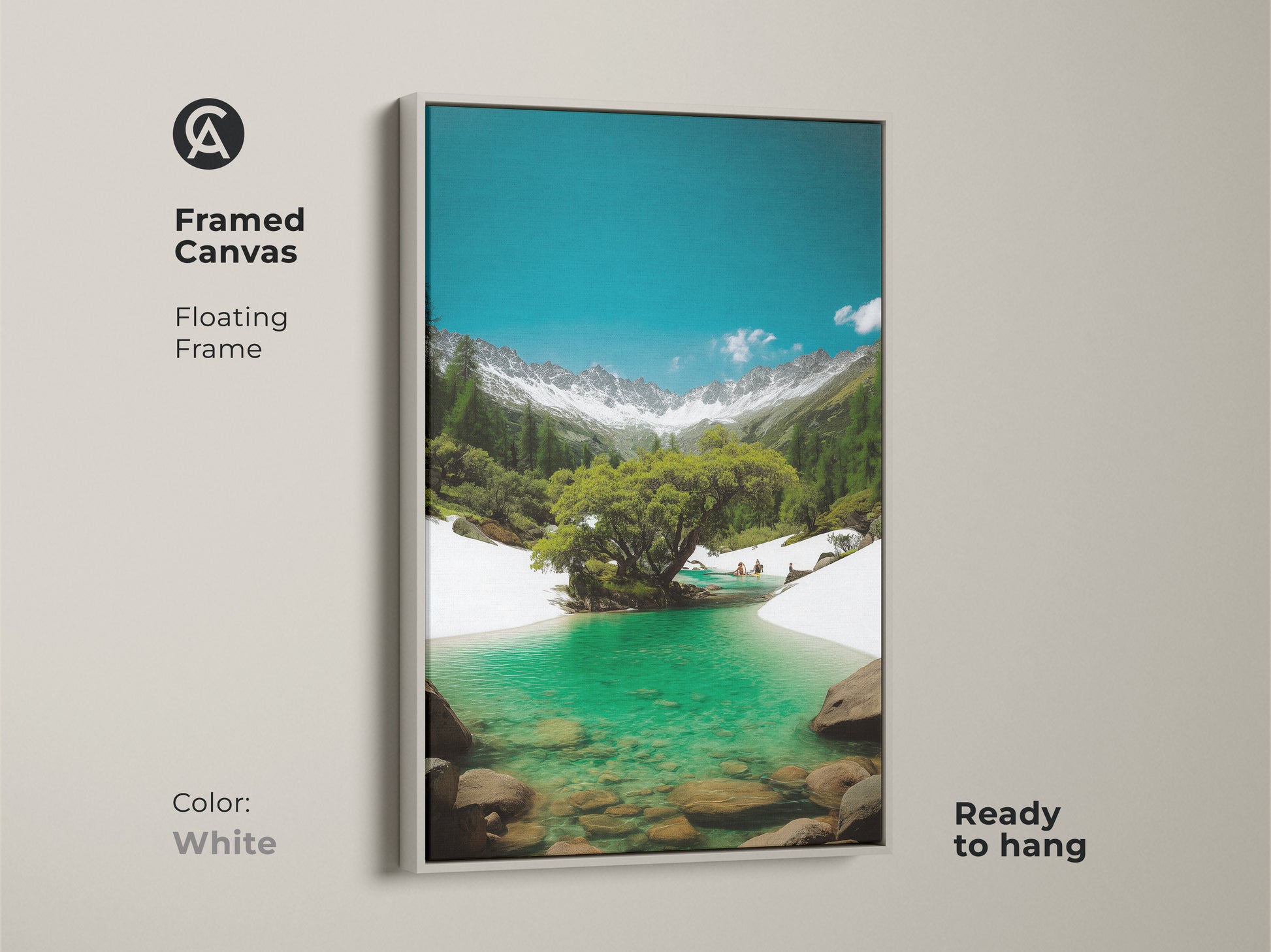 This framed canvas print shows a turquoise lake and snowy mountains. A white floating frame offers a clean modern look. Ready to hang this realistic nature artwork. Perfect for any room.
