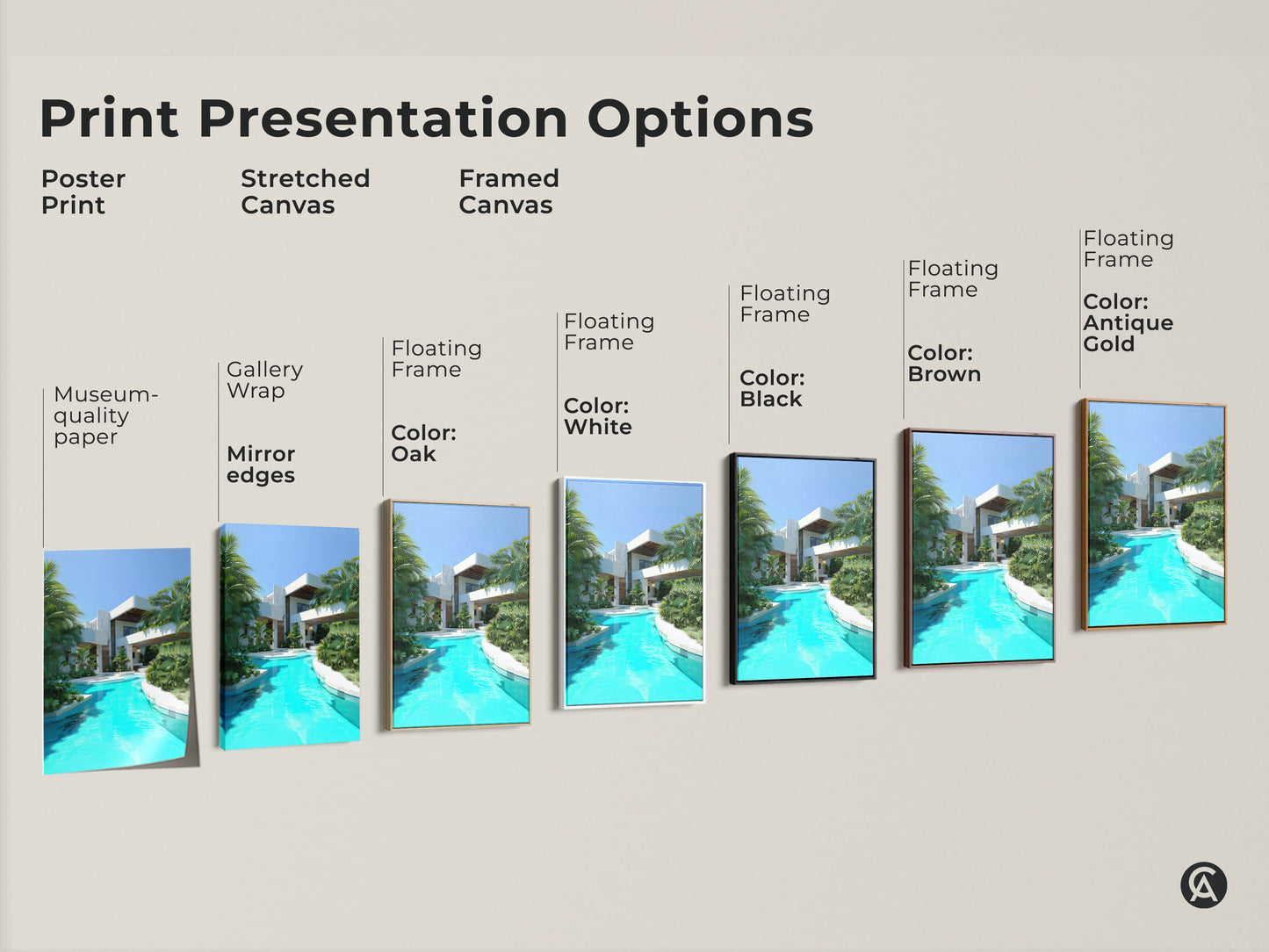 Explore print presentation options with this modern villa art. Choose from poster stretched or framed canvas. Each option features a turquoise pool and palm trees. These contemporary architectural prints add luxury and vibrant color to any home or office space.