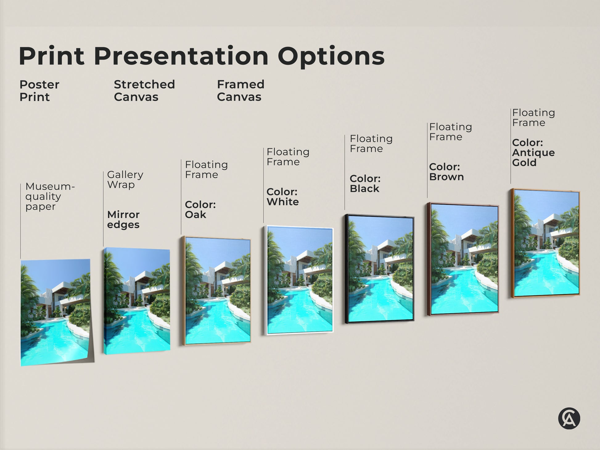 Explore print presentation options with this modern villa art. Choose from poster stretched or framed canvas. Each option features a turquoise pool and palm trees. These contemporary architectural prints add luxury and vibrant color to any home or office space.