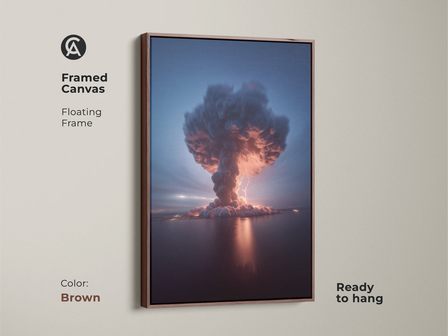 Framed canvas print of a Volcano Explosion Thunderstorm. This surreal nature wall artwork showcases a brown floating frame ready to hang. The deep blue and crimson tones make it a contemporary piece. Its perfect as an office artwork or gift for adventurers.