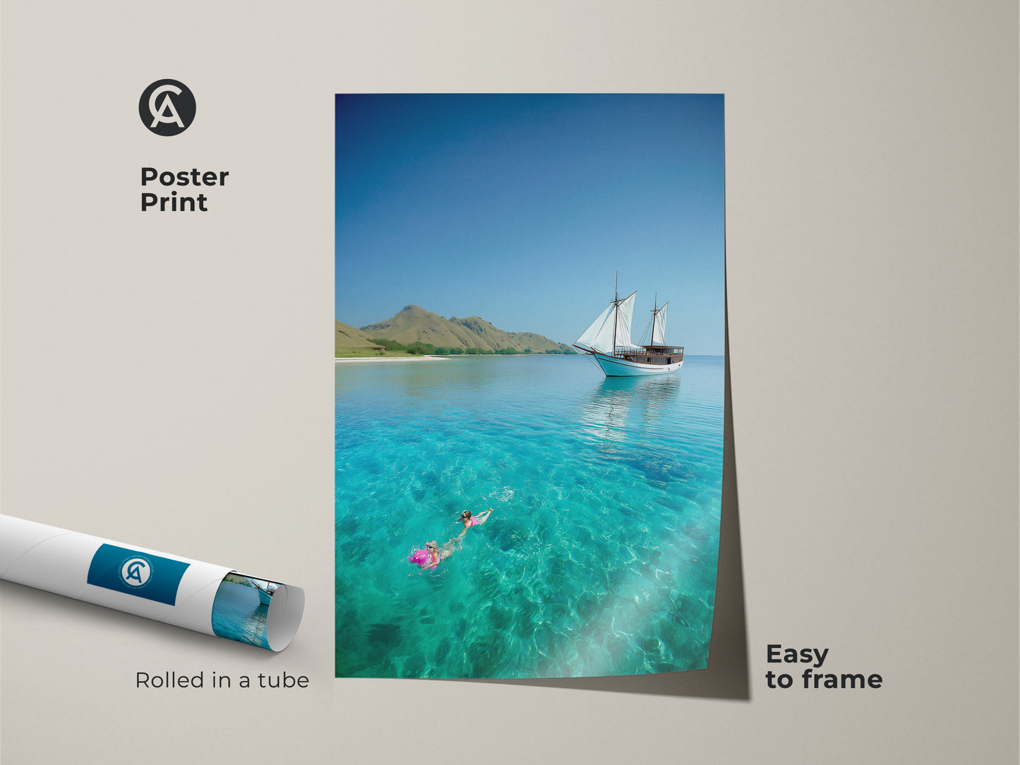 Poster print displays a sailboat on turquoise ocean. The easy-to-frame artwork shows someone snorkeling. Rolled in a tube for protection this travel-inspired art brings coastal beauty to your home.