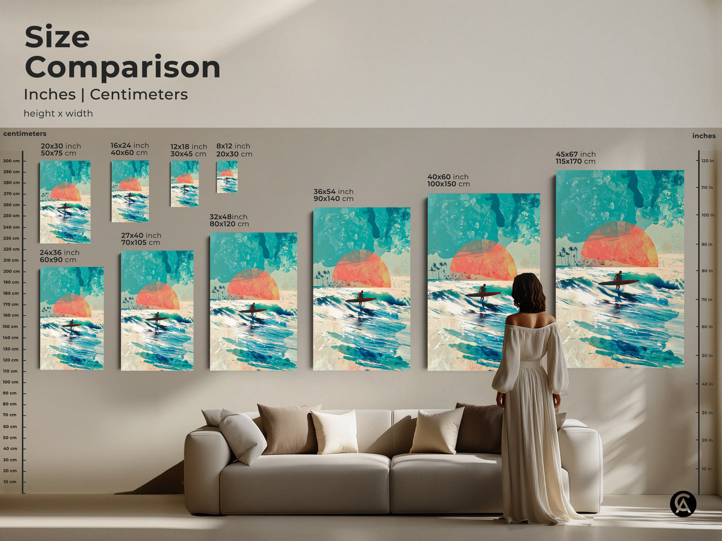 Size comparison of surfer artwork in inches and centimeters. See how different sizes look in a living room setting. Available in various dimensions to suit your wall decor needs. Find the perfect fit for your space today.