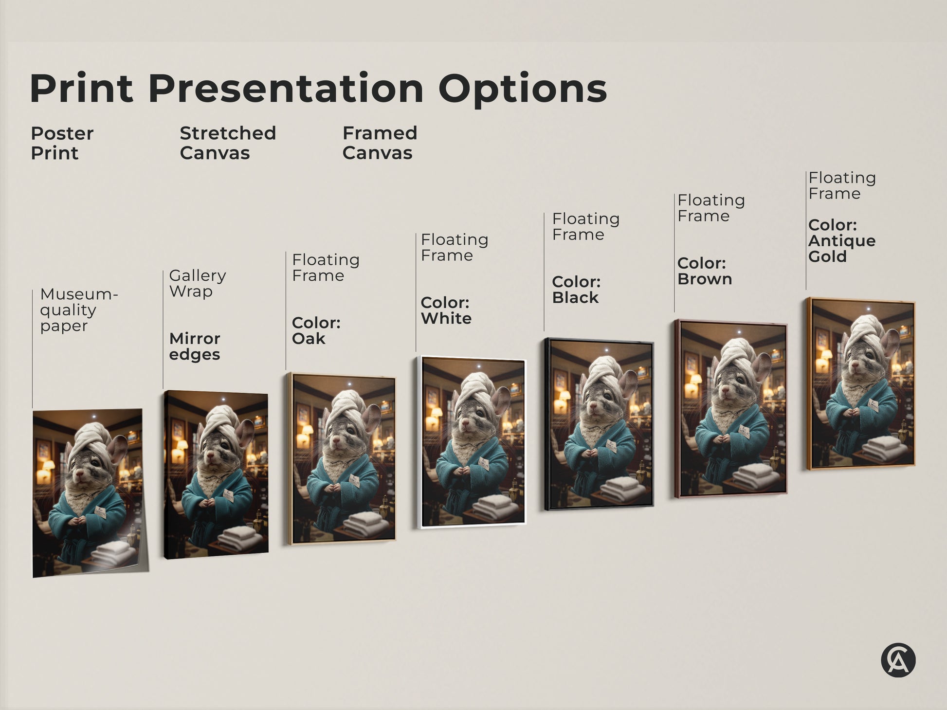 Explore print presentation options for chinchilla spa day art. Choose from poster stretched canvas or framed canvas. Each option highlights the funny animal artwork. Perfect for pet lovers and eclectic decor. Museum-quality paper gallery wrap and floating frames. Available with black brown oak and white frames.