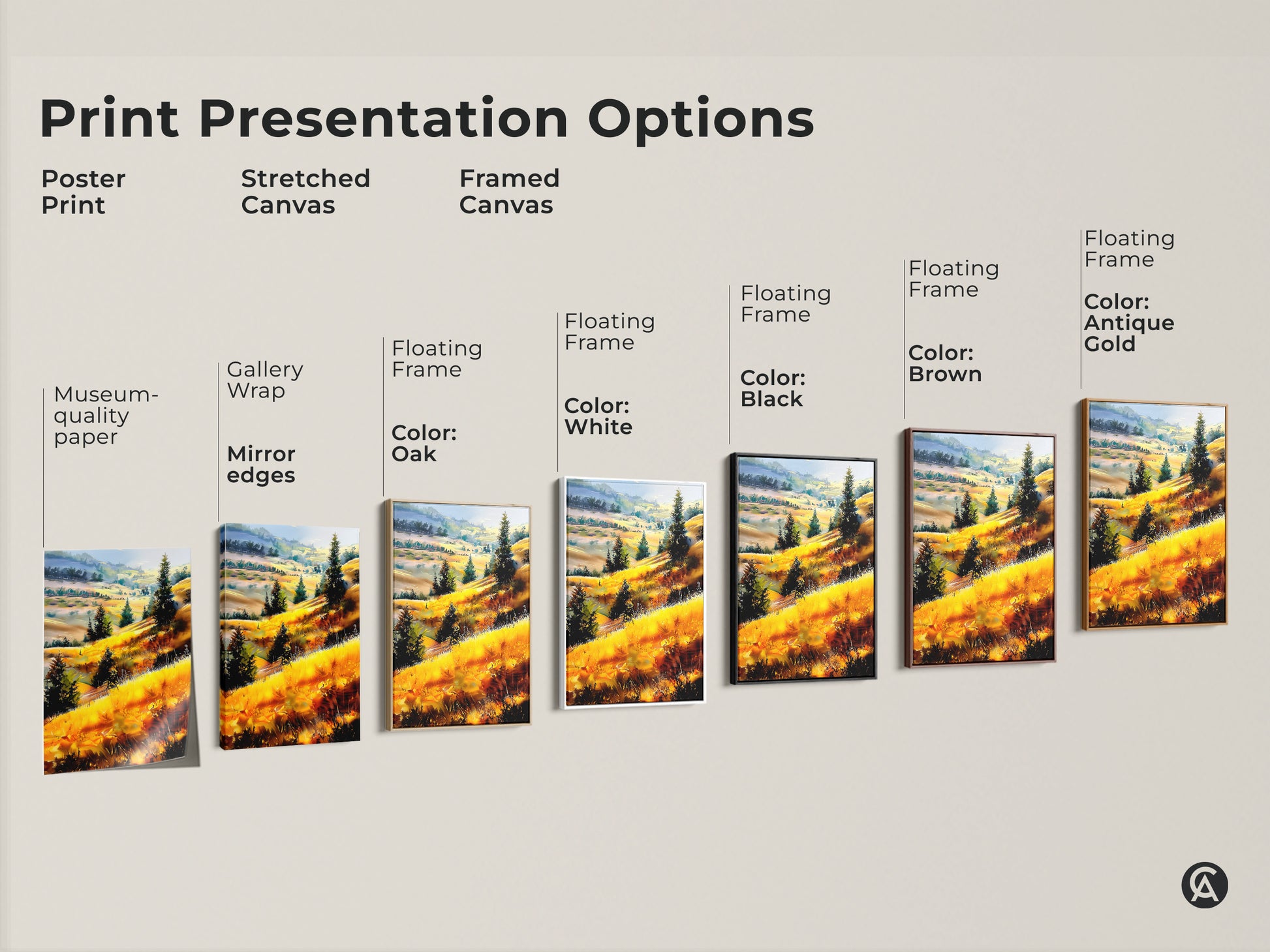 Explore print presentation options with this golden hills artwork. Choose from poster prints stretched canvas and framed canvas. Multiple floating frame color options are available for this rustic nature art.