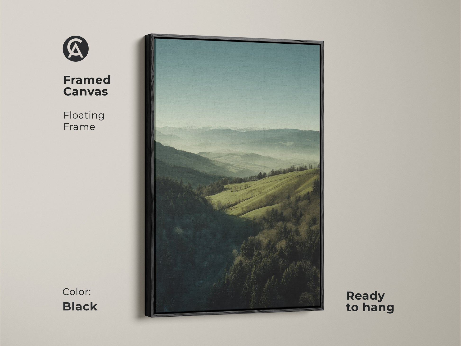 Framed canvas featuring a forest green and misty blue landscape. Black floating frame. Ready to hang. Mountain hills nature wall art. Perfect for bedroom decor or as a housewarming gift for outdoor enthusiasts. The artwork brings a serene escape.