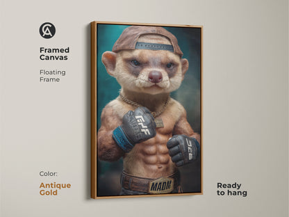 Framed Canvas of a meerkat fighter with a floating frame. The frame has an antique gold finish. The ready to hang canvas is great for eclectic home decor. It makes a unique man cave gift or animal fighter poster for a MMA fan