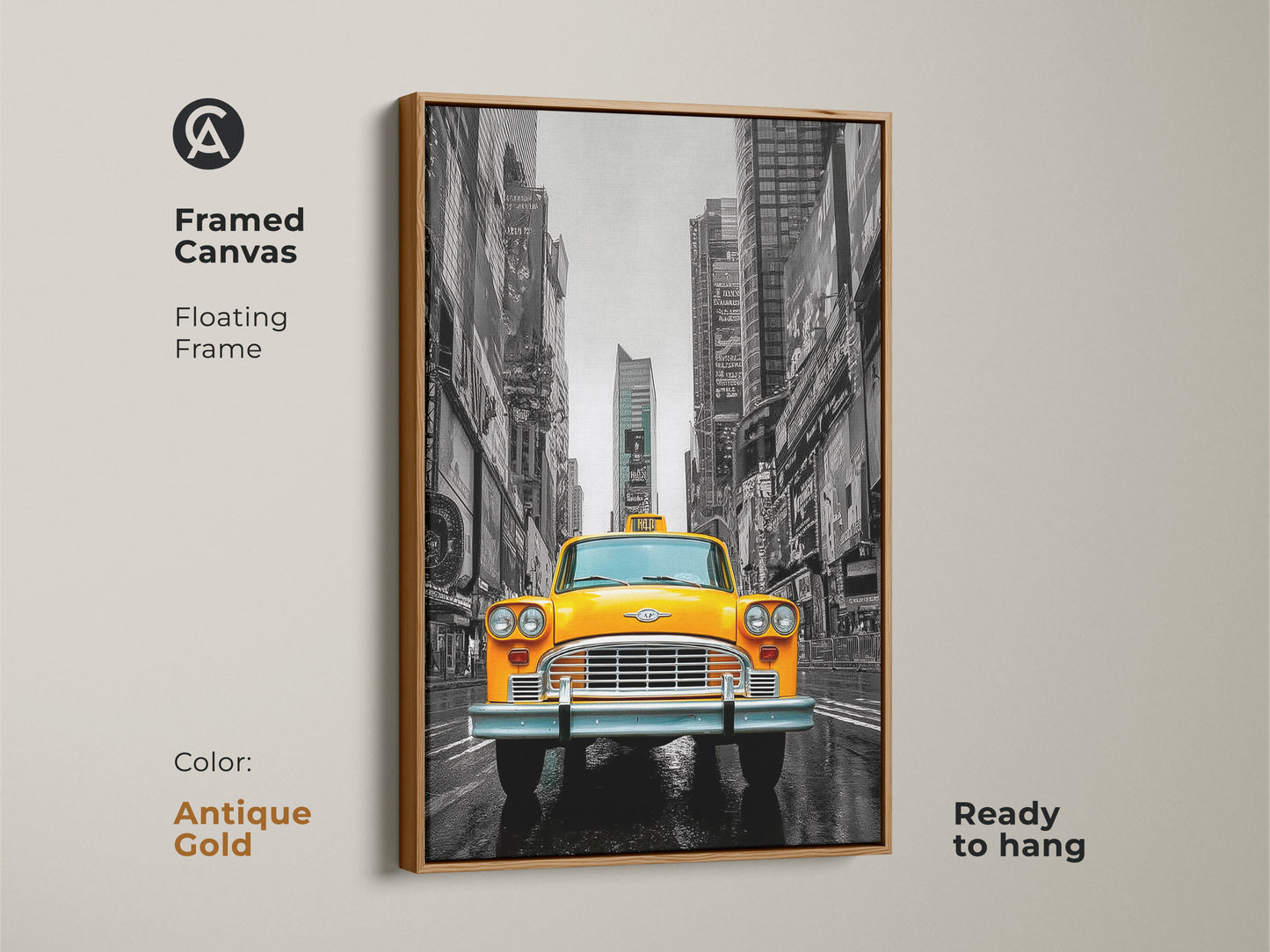 A framed canvas print with an antique gold floating frame. Features a yellow cab in NYC Times Square. The vintage transport wall decor adds character to any room. This gallery wrapped cityscape brings urban nostalgia to your home or office.