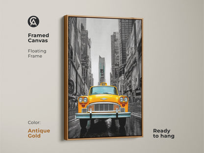 A framed canvas print with an antique gold floating frame. Features a yellow cab in NYC Times Square. The vintage transport wall decor adds character to any room. This gallery wrapped cityscape brings urban nostalgia to your home or office.