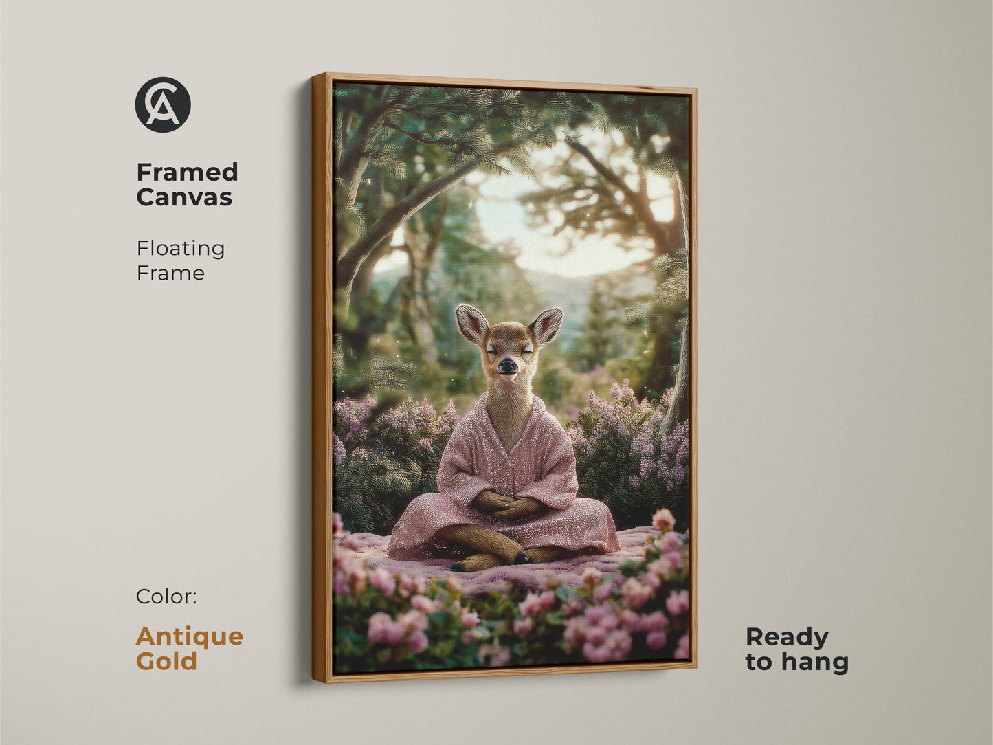 Spiritual nature canvas with an antique gold floating frame. The framed artwork arrives ready to hang. This fantasy forest animal art is perfect as meditation room wall hanging or calm animal wall decor.