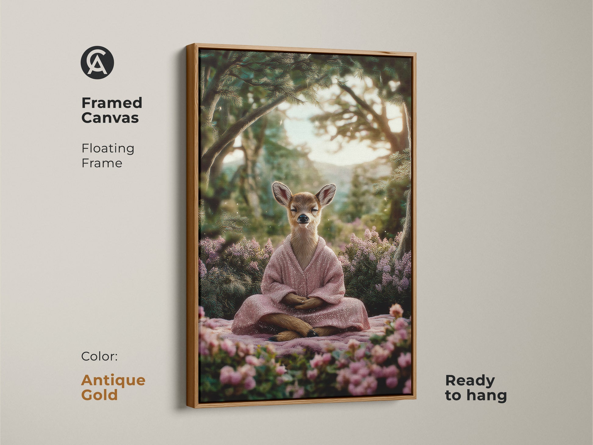 Spiritual nature canvas with an antique gold floating frame. The framed artwork arrives ready to hang. This fantasy forest animal art is perfect as meditation room wall hanging or calm animal wall decor.